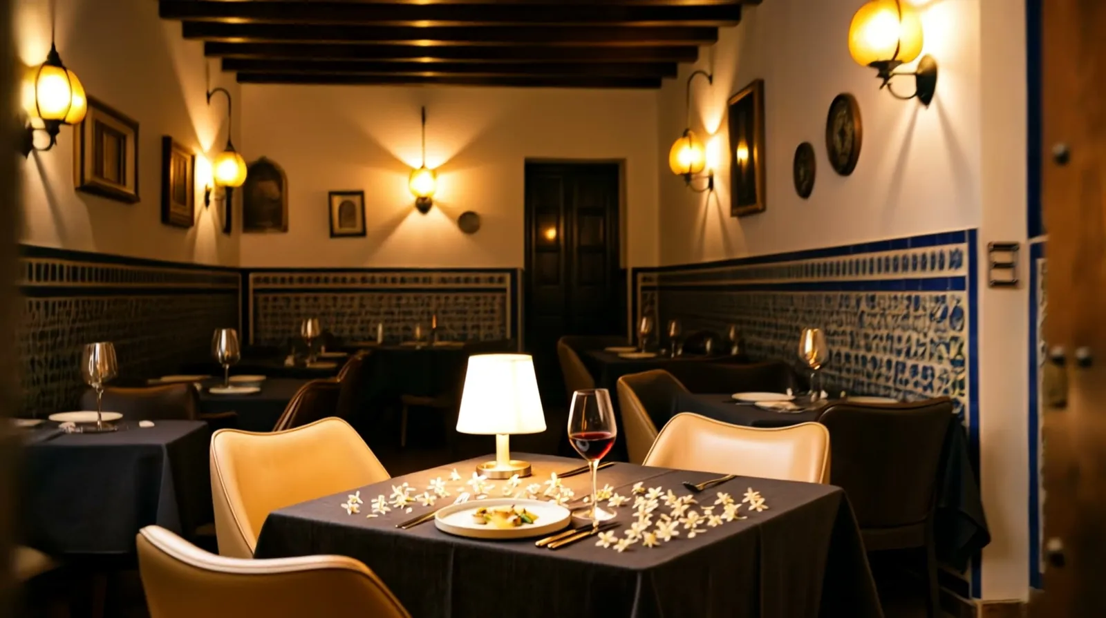 Comedor de Esencia Triana con zócalo de azulejo y lámparas encendidas