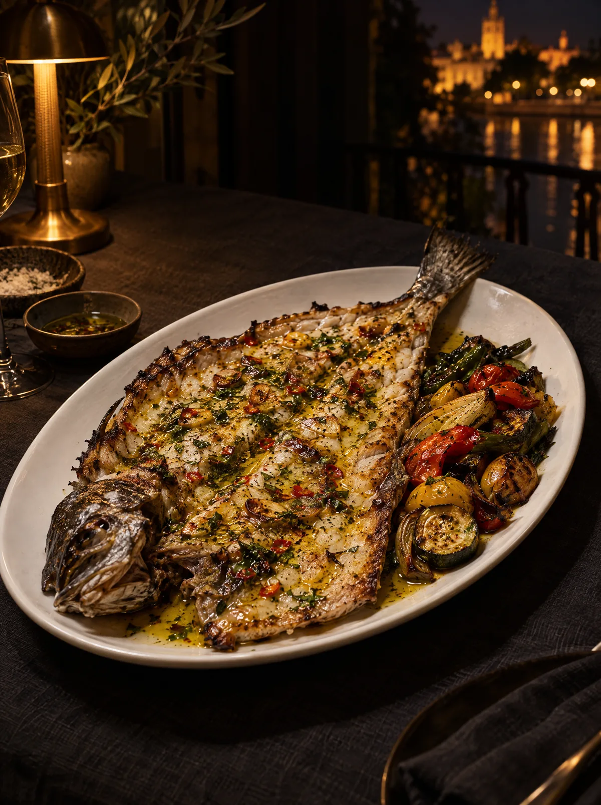 Corvina a la espalda con verduras de temporada
