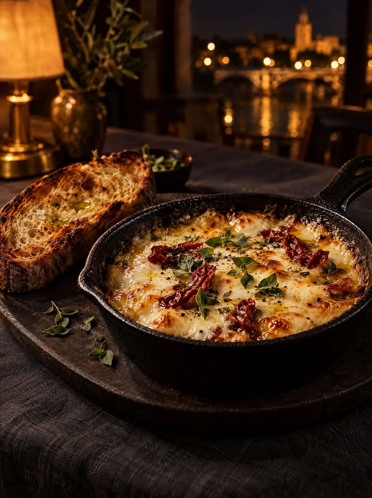 Provolone fundido con tomate seco y orégano