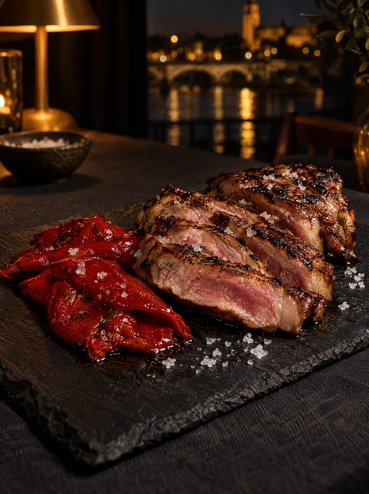 Secreto ibérico a la brasa con pimientos asados